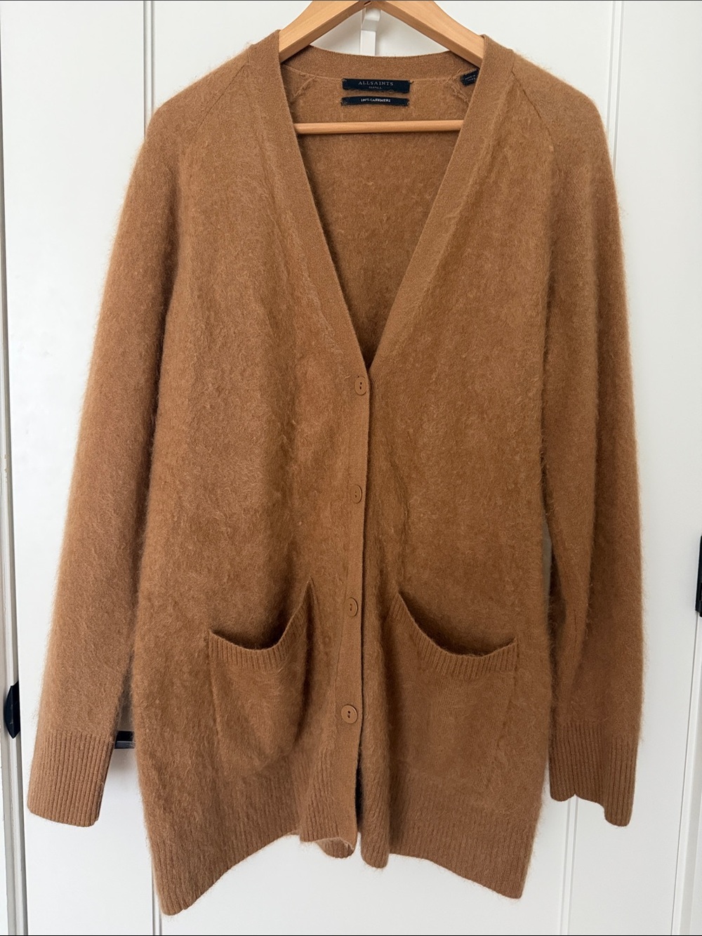 AllSaints 100% Cashmere Camel Cardigan Size Small Soft Luxe Knit Sweater